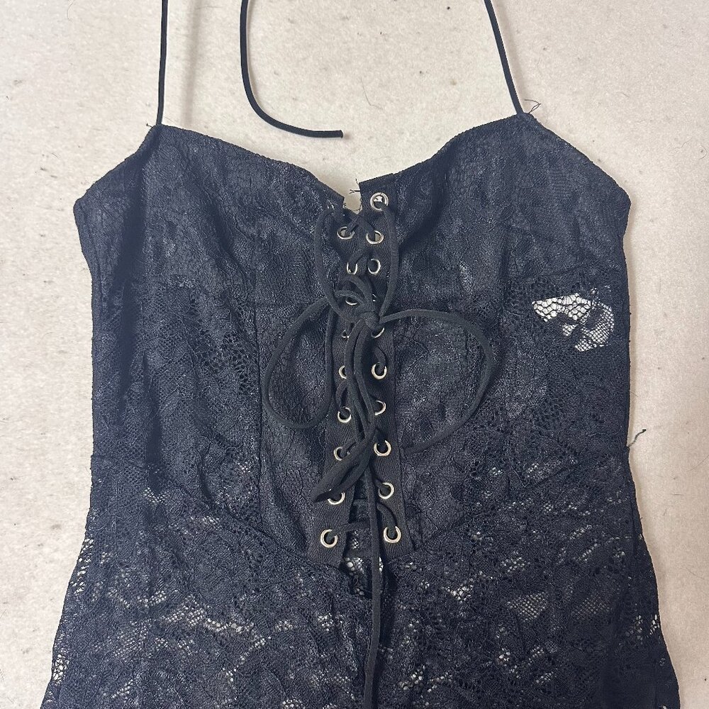 Jumpsuit Black Lace corset lace up top spaghetti straps sz M whimsigoth sexy‎